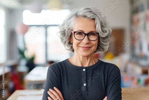 Middle age woman with grey hair preschool teacher smiling confident standing at kindergarten.