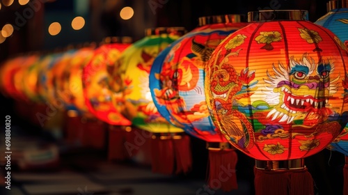 Many Chinese lantern with drawings of happy Chinese dragon © kardaska
