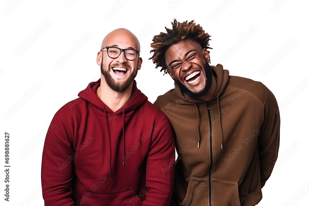 Obraz premium Two interracial best friends laughing and having a good time together on transparent background, generative ai.