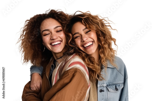Two interracial best friends laughing and having a good time together on transparent background, generative ai. photo