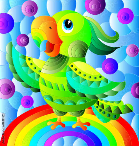Illustration in stained glass style with abstract cute bright parakeet on a sky background with rainbow