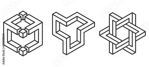 Abstract impossible  shapes isolated on white background. Fascinating geometric shapes. Vector illustration.