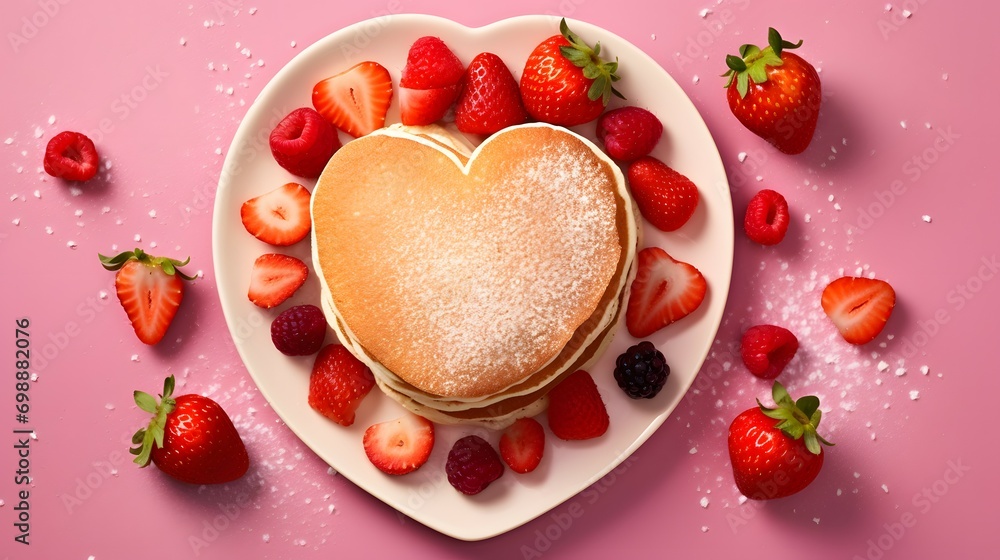 Heart-Shaped Pancakes with Fresh Strawberries and Sweet Powdered Sugar On Pink Heart-Shaped Pancakes with Fresh Strawberries and Sweet Powdered Sugar On Pink
