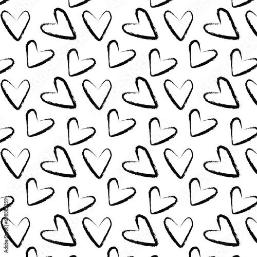 Sketch hearts pattern. Hand drawn valentines love heart ornament for wrapping paper, anniversary greeting cards, black ink romance hearts vector seamless background.