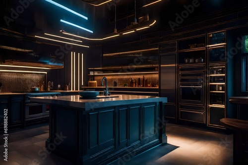 luxurious kitchen cabinet design  decorated table and cair with multicolor glowing lights  with multicolor in pink brown reed and blue color abstract kitchen design background  photo