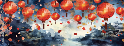 Chinese oriental watercolor background with traditional paper lanterns,generative ai
