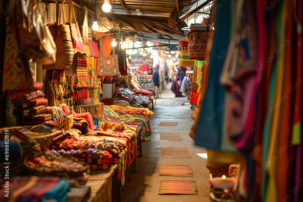 Bazaar market with clothing, carpets, textiles, fruits, vegetables and spices