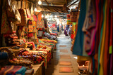Bazaar market with clothing, carpets, textiles, fruits, vegetables and spices