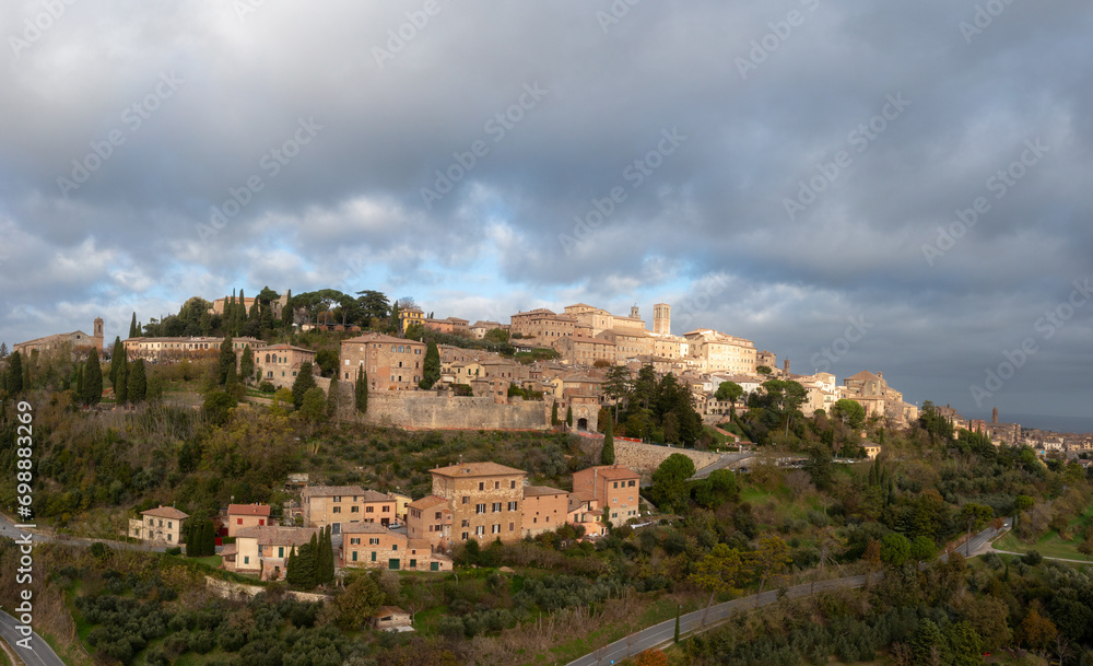 drone view of the Tuscan hilltop village and wine capital of Montepulciano