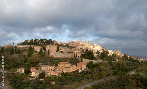 drone view of the Tuscan hilltop village and wine capital of Montepulciano