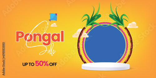Happy pongal sale banner template with podium and festive elements photo