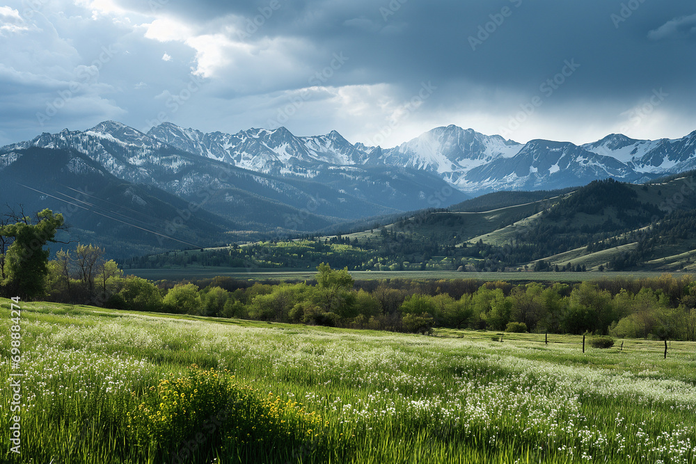 alpine meadow in the mountains in spring with cloudy sky