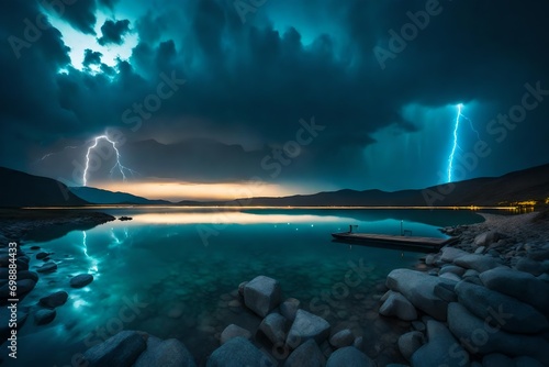 water falling from the mountain with scary sky over the mountain with boat sailing in the water with small hut glowing with lights at the back of the sea with night moon shinning in the black sky 