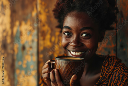African American beautiful young woman happy smiling drinking a cup of coffee in cafe