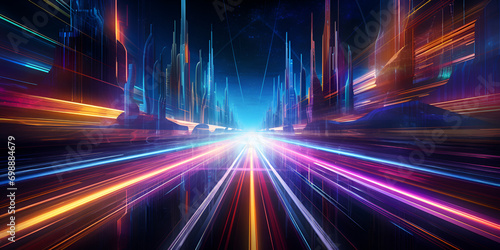3D Rendering of Warp Speed in Hyper Loop Amidst Mega City Lights at Night, Blurry Lights and High-Speed Wave Lines ,Glowing Waves and Bokeh Lights in a Technological Wonderland generative AI photo
