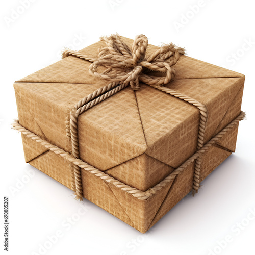 Brown Gift Box With Rustic Rope Isolated On White Background,Gift Wrapped Box, Special Event, Vintage Style
