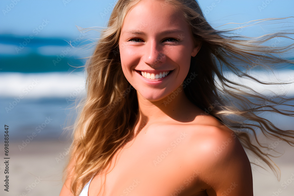 beautiful twenty-year-old caucasian white surfer girl with long blonde hair and a pretty smile on a beach