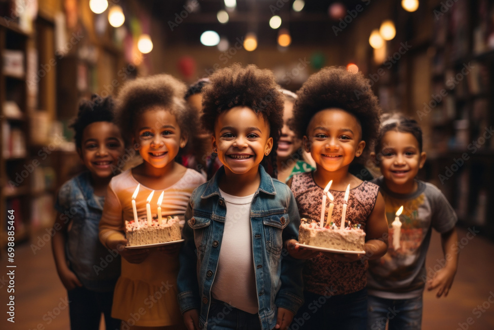 Preschool children celebrating birthday in kindergarten blowing out candles on cake