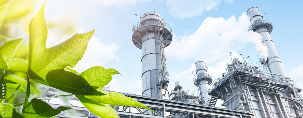 Fototapeta premium Green Industry Eco Power plant. Carbon credit factory Good environment ozone air low carbon footprint wide for banner.