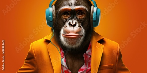 A monkey wearing headphones and a jacket. Generative AI.