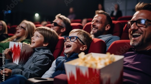A family captivated by a movie, enjoying snacks, and sharing moments of awe and excitement at the cinema. Generative AI.