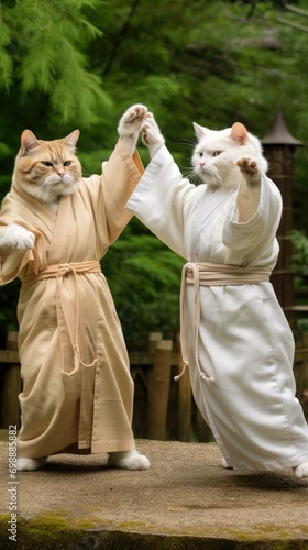 Two cats dressed in robes dancing together. Generative AI.