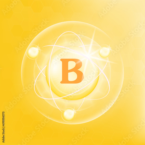 Vitamin ฺB icon structure yellow substance. 3D Vector Illustration. Medicine health symbol of thiamine. Drug business concept. Vitamin complex with chemical formula. Personal care, beauty concept.