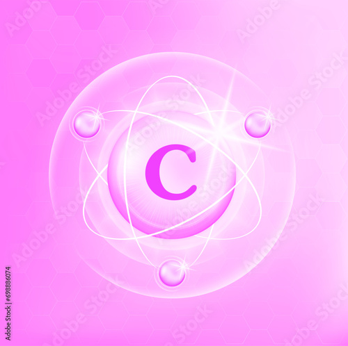 Vitamin C icon structure light pink, purple, white. Medicine health symbol of thiamine. 3D Vector Illustration. Complex with chemical formula. Personal care, beauty. Drug business concept.	