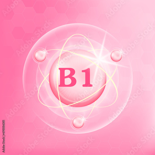 Vitamin B1 icon structure light pink substance. Medicine health symbol of thiamine. Drug business concept. Vector Illustration. 3D Vitamin complex with chemical formula. Personal care, beauty concept
