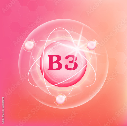 Vitamin B3 icon structure light pink substance. Medicine health symbol of thiamine. Drug business concept. Vector Illustration. 3D Vitamin complex with chemical formula. Personal care, beauty concept	