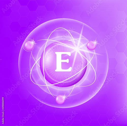 Vitamin E icon structure purple substance of butterfly pea. Medicine health symbol of thiamine. Drug business concept. Vector Illustration. 3D. Complex with chemical formula. Personal care, beauty.