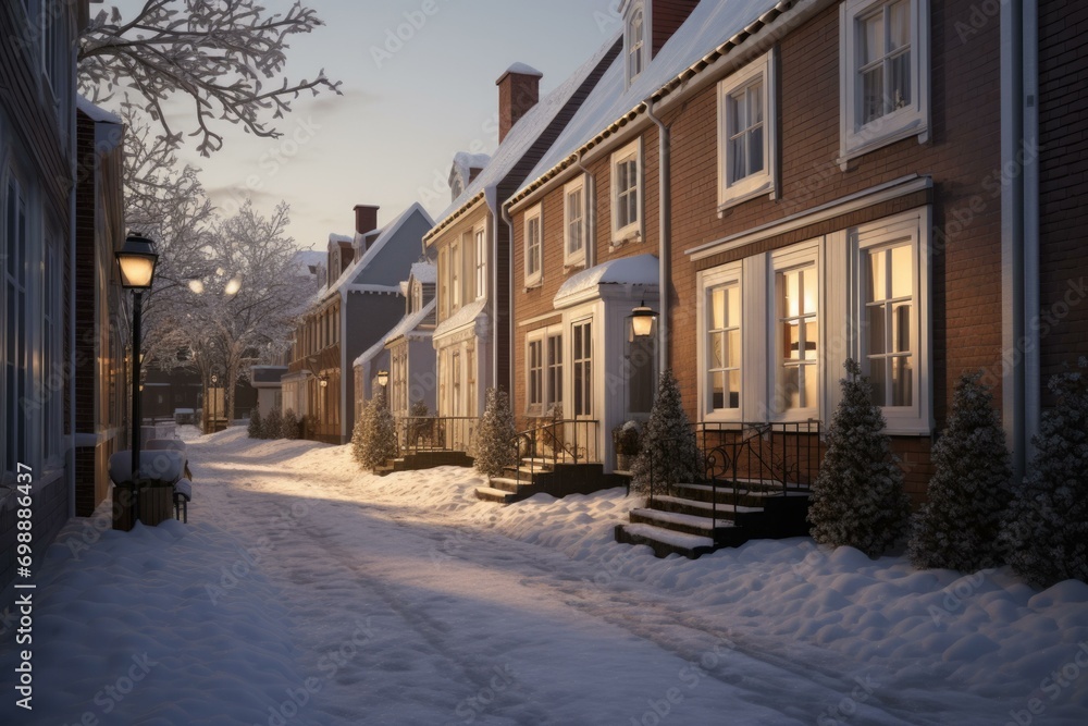 A charming winter street lined with Danish-designed rowhouses, enveloped in soft natural lighting, creating a romantic ambiance. Generative AI.