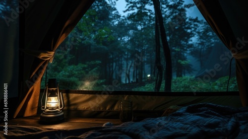 A cozy camp bed with a small oil lamp, blanket, and window overlooking a night forest after rain. Generative AI. photo