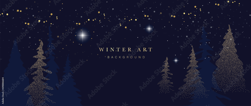 Naklejka premium Winter night festival background vector illustration. Luxury pine tree spot texture, twinkling stars, glitter on navy blue background. Design for poster, wallpaper, banner, card, decoration.