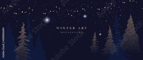 Winter night festival background vector illustration. Luxury pine tree spot texture, twinkling stars, glitter on navy blue background. Design for poster, wallpaper, banner, card, decoration.