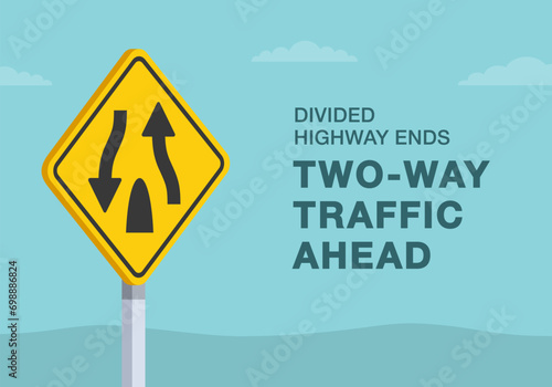 Safe driving tips and traffic regulation rules. Close-up of United States divided highway ends sign. Two-way traffic ahead warning. Flat vector illustration template.