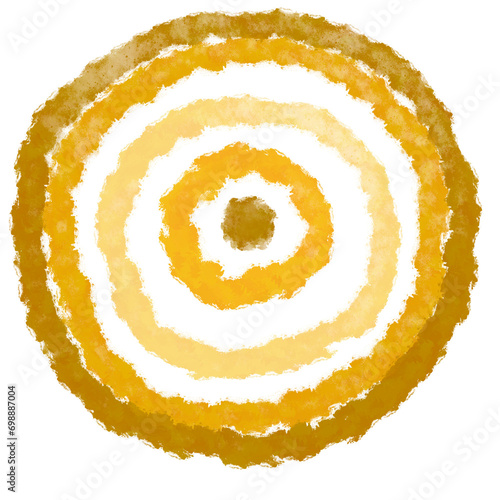 Circle painted watercolor swirl isolated on white background, Yellow, Gold, Brown color, Hand drawn, Round strokes of the paint brush, Polka dot pattern, Abstract, Watercolor illustration