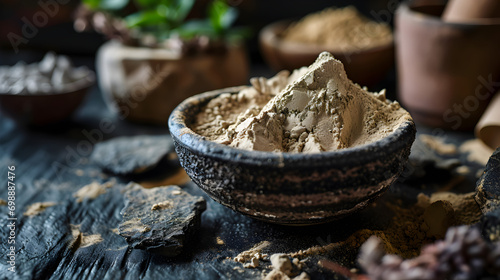 Portrait of Fuller'S Earth Clay OR Multani mitti in a bowl along with raw stones and mortar