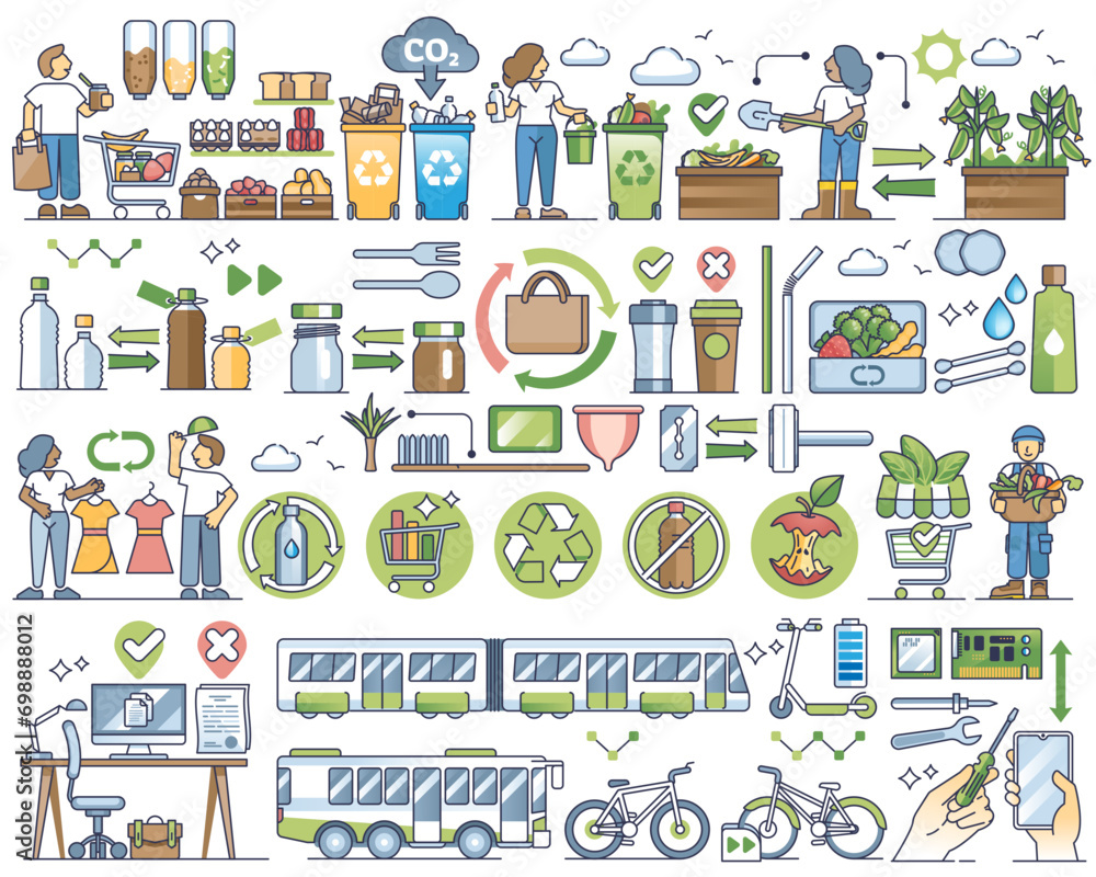 Zero waste lifestyle with resource material recycling outline collection set, transparent background. Green living items with ecological product reusage and repair to save plastic, glass. Zero waste lifestyle with resource material recycling outline collection set, transparent background. Green living items with ecological product reusage and repair to save plastic, glass.