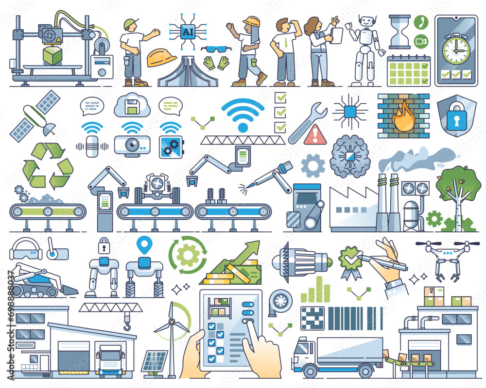 Smart factory and new generation for manufacturing outline collection set, transparent background. Elements with modern conveyor, IOT devices automation and 5G connectivity. Smart factory and new generation for manufacturing outline collection set, transparent background. Elements with modern conveyor, IOT devices automation and 5G connectivity.