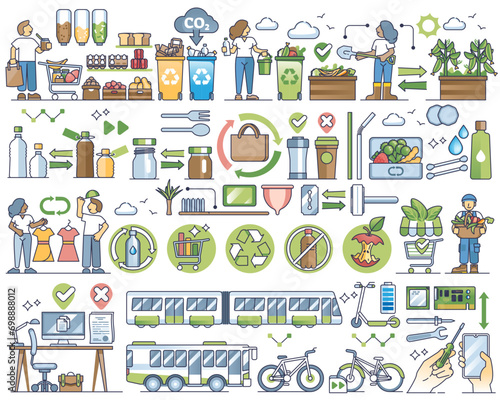 Zero waste lifestyle with resource material recycling outline collection set, transparent background. Green living items with ecological product reusage and repair to save plastic, glass.