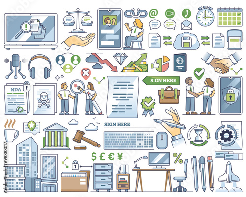 Contract management and business negotiation process outline collection set, transparent background. Elements with deal closure, legal agreement review and project approval signature illustration.