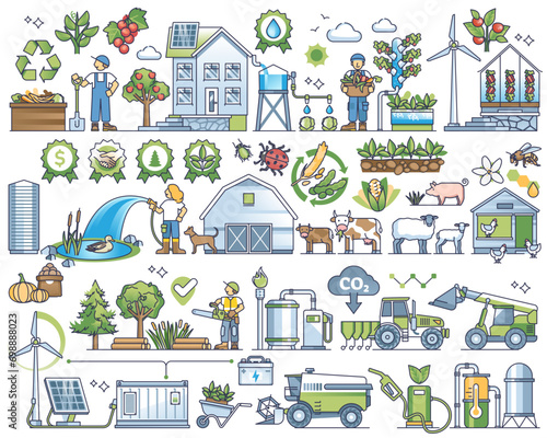 Sustainable agriculture and ecological farming outline collection set, transparent background. Elements with green gardening, environmental and climate safe agribusiness illustration.