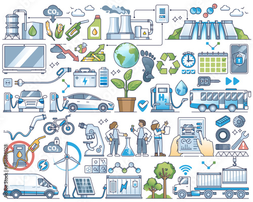 E fuel and EV vehicles power source for battery charge outline collection set, transparent background. Elements with modern auto energy and sustainable hybrid technology illustration.