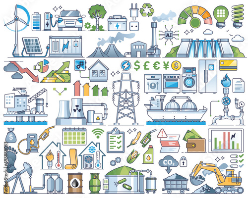 Energy cost, power production and save resources outline collection set, transparent background.Expensive electricity, fossil or alternative sources illustration.