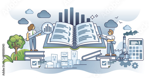 Carbon accounting and CO2 emissions level calculations outline concept, transparent background. Manufacturing company monitoring its dioxide impact on climate and nature.