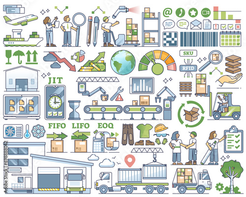 Inventory management and warehouse organization outline collection set, transparent background. Elements with product control, parcel shipping, process automation and supplier planning illustration.