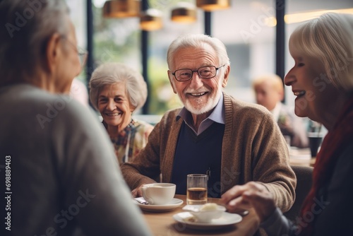 Group of senior friends enjoying conversation at cafe. Social engagement among elderly.