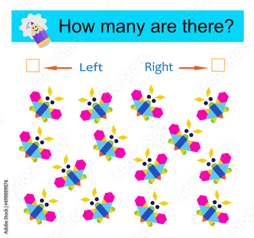Left or Right. Logic game for kids. Count how many butterflies are turned left and how many are turned right.