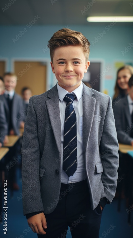 A boy in a suit and tie standing in front of a classroom. Generative AI. A boy in a suit and tie standing in front of a classroom. Generative AI.